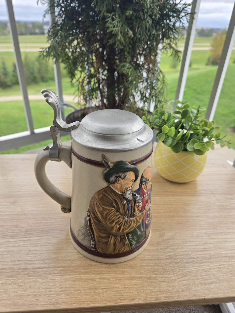 German Tin Top Lidded Beer Stein 3 Men Crackerbarrel